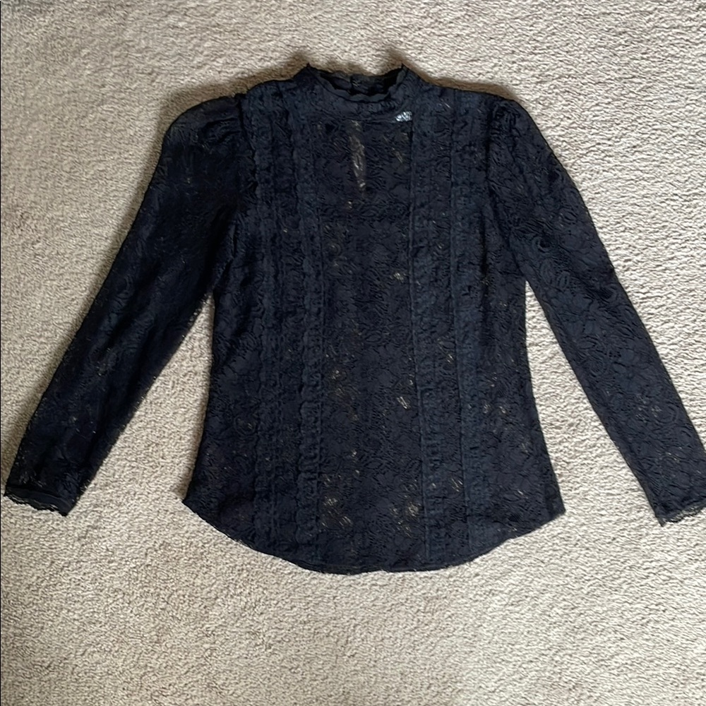 Reformation Black Ruffled Long Sleeve Blouse with Mandarin Collar
